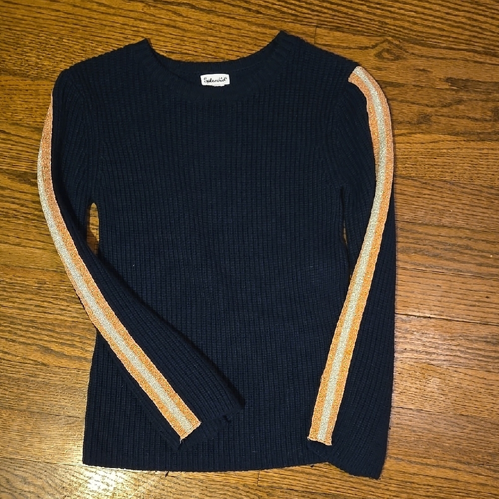 Splendid Blue Crew Neck Sweater with Long Sleeves and Color Block Design